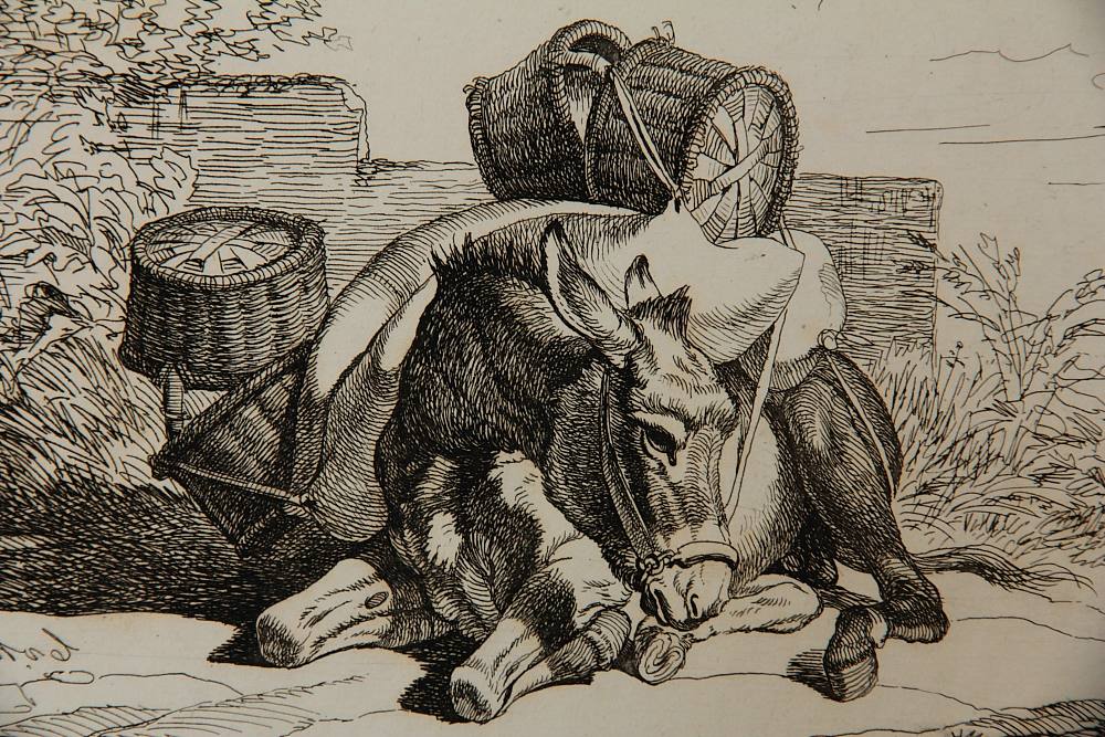C.W.HEIDECK (1788-1861) Ruhender Esel mit Weidenkörben, 1831, Radierung